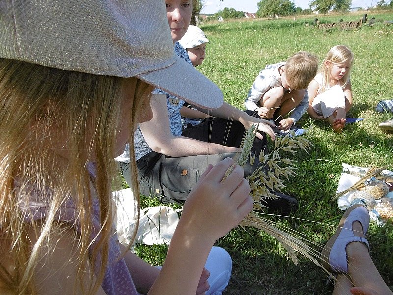 Kinder und Jugendliche sitzen auf einer Wiese